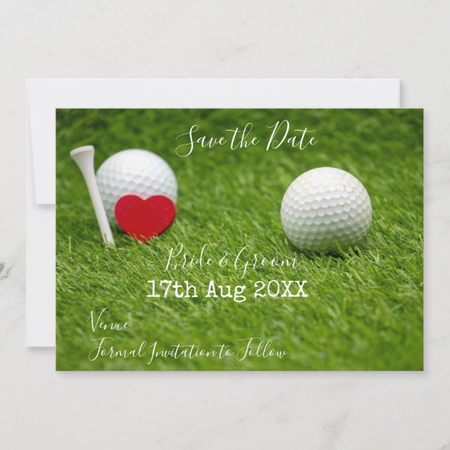 Invitación Golf ball y tee Save the Date con amor en verde (Anverso)