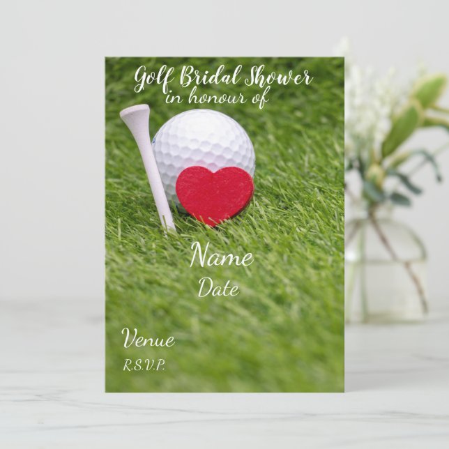 Invitación Golf Bridal Shower con bola de golf y corazones de (Anverso de pie)