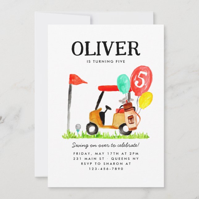 Invitación Golf Cart Ball Bag Balloon Kids Golfer Cumpleaños (Anverso)