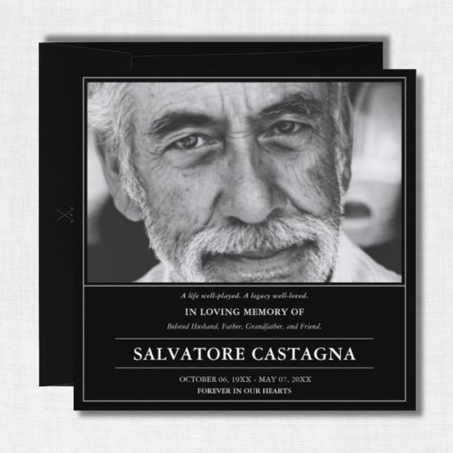 Invitación Golf Celebration of Life Black Photo Memorial (A Life Well-Played — a refined golf celebration of life tribute honoring a life of grace and legacy.)