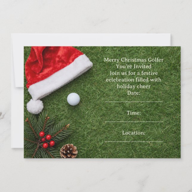 Invitación Golf Christmas with Santa hat on green  (Anverso)