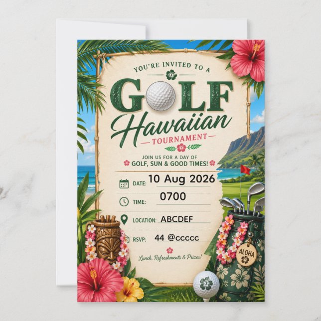 Invitación Golf con tema hawaiano (Anverso)