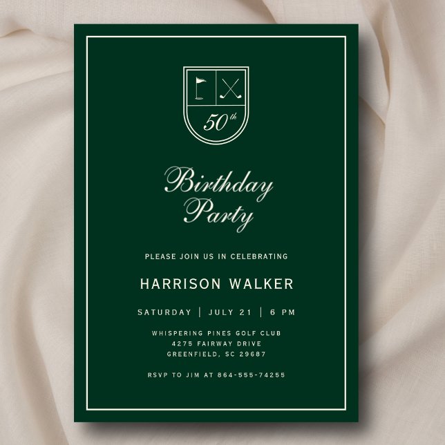 Invitación Golf Crest 50th Birthday Party Elegant Script (Clean, minimal, and fully customizable.)