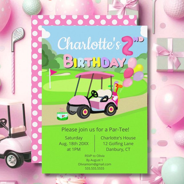 Invitación Golf Cute 2º cumpleaños Polka Dot Pink Girly (Subido por el creador)