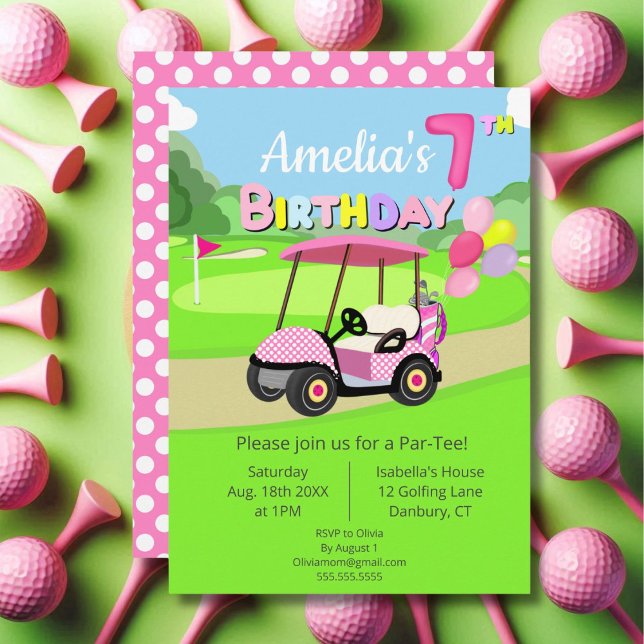 Invitación Golf Cute 7º cumpleaños Polka Dot Pink Girly (Subido por el creador)