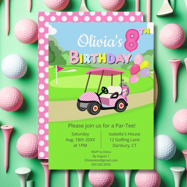 Invitación Golf Cute 8º cumpleaños Polka Dot Pink Girly (Subido por el creador)