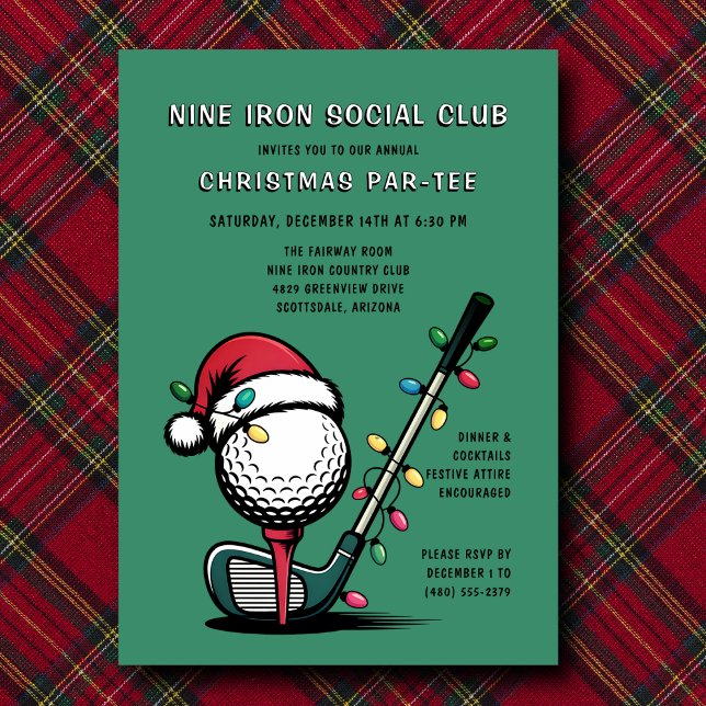 Invitación Golf Festive Christmas Holiday Par-tee Green  (Easily edit all event details—make it yours.)