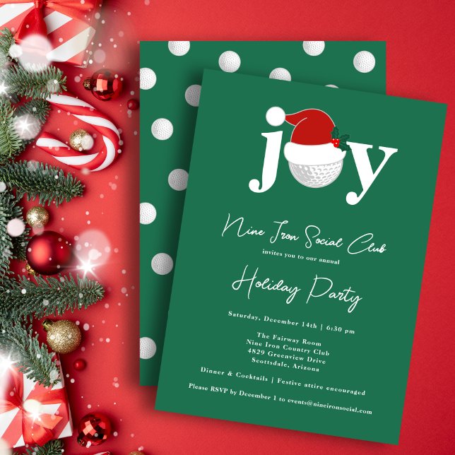 Invitación Golf Festive Holiday Party Joy Typography Green (A modern invite for your holiday gathering 🎄
Personalize for your club, family, or business.)