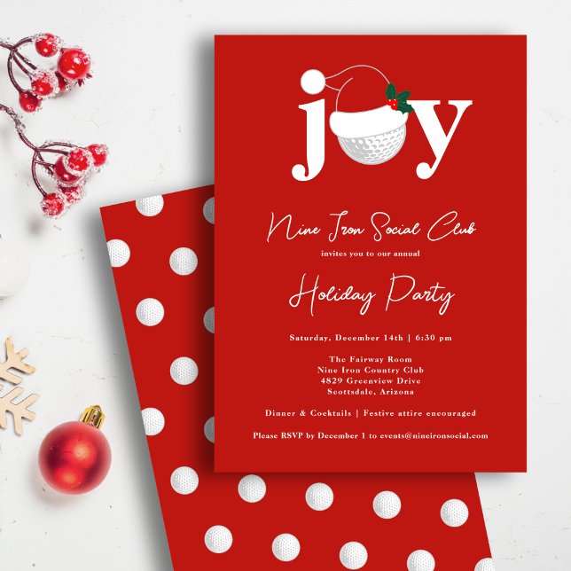 Invitación Golf Festive Holiday Party Joy Typography Red (Golf meets holiday cheer in bold red and white.)
