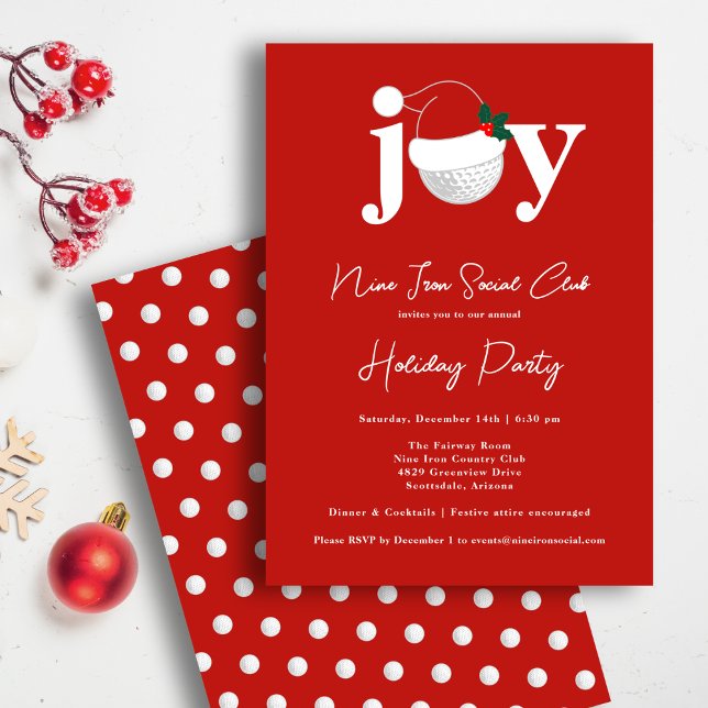 Invitación Golf Festive Holiday Party Joy Typography Red  (Golf meets holiday cheer in bold red and white. Customizable text for your club or event.)