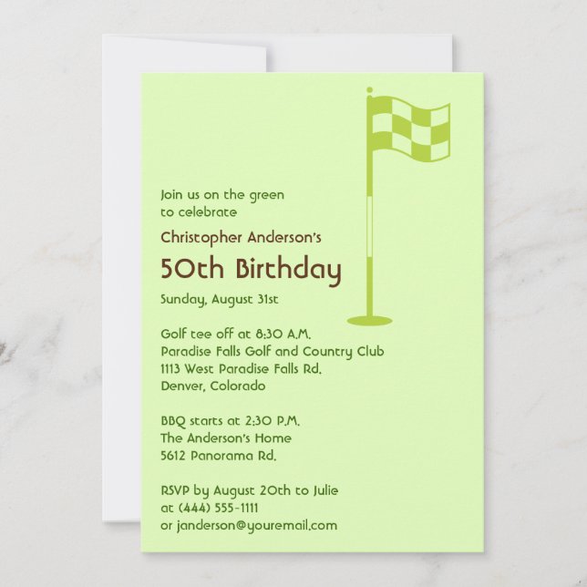 Invitación Golf Golfer Golf Golf Green Brown 50 cumpleaños (Anverso)
