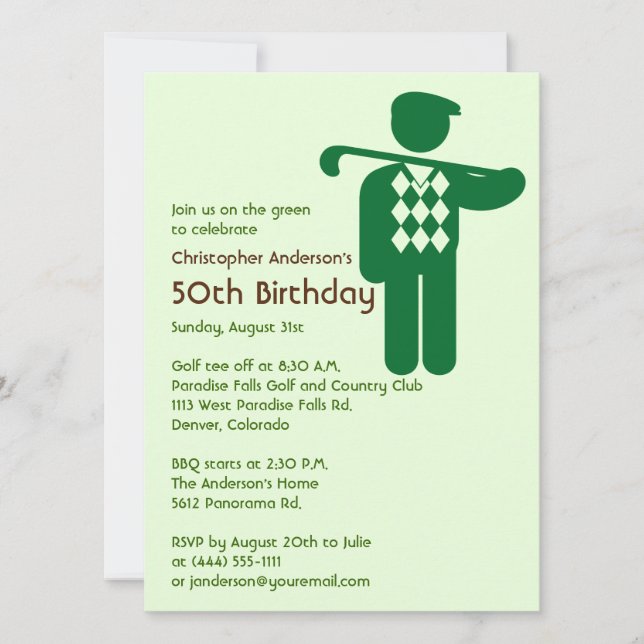 Invitación Golf Golfer Golf Golf Green Brown 50 cumpleaños (Anverso)