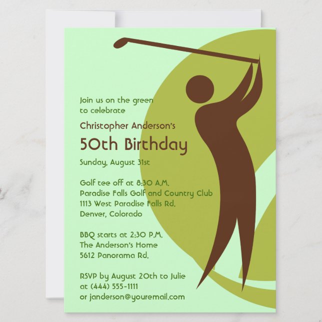 Invitación Golf Golfer Golf Golf Green Brown 50 cumpleaños (Anverso)