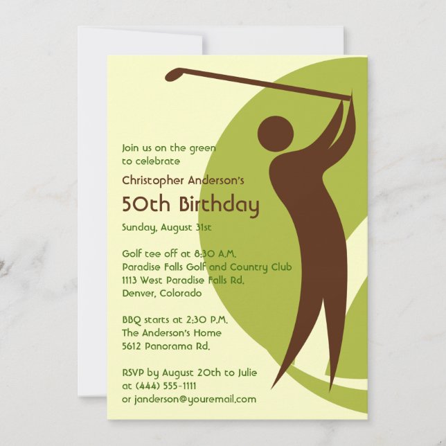 Invitación Golf Golfer Golf Golf Green Brown 50 cumpleaños (Anverso)