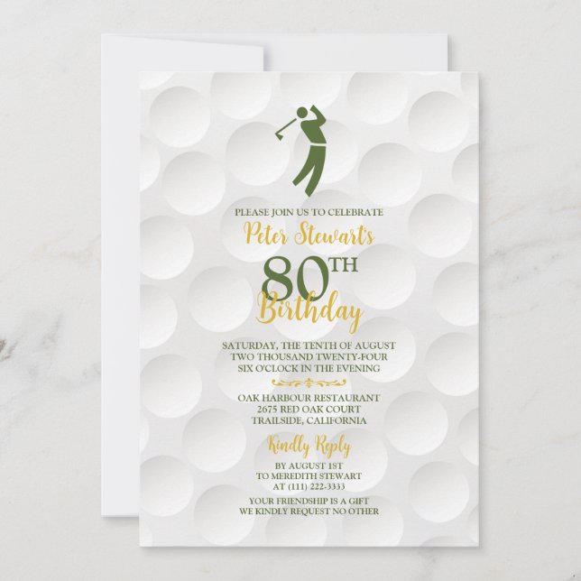 Invitación Golf Green Gold Golfball Golf 80th Birthday (Anverso)