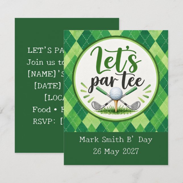 Invitación Golf Let's Par Tee Green Argyle (Anverso / Reverso)