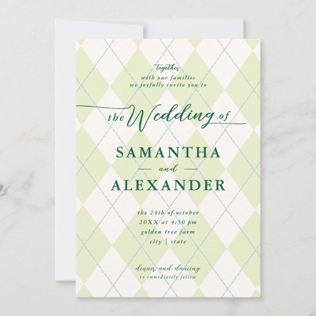 Invitación Golf Moderno Argyle Elegante Boda Monograma Escudo (Anverso)
