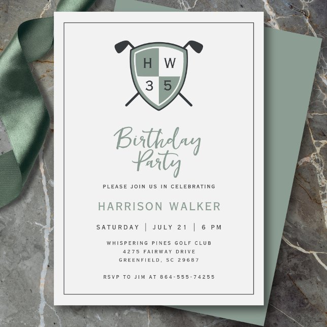 Invitación Golf Moderno Cumpleaños de Cualquier Edad Fiesta E (Modern golf crest design with personalized initials and age.)