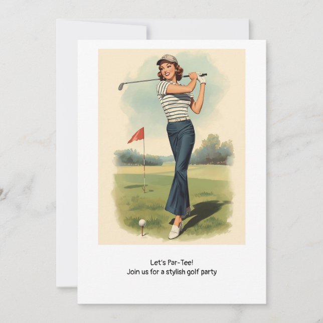 Invitación Golf  Retro Golf Chic: Woman Golfer at the Green (Anverso)