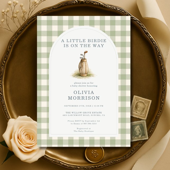 Invitación Golf Sage Green Gingham Baby Shower (Subido por el creador)