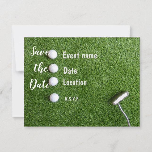 Invitación Golf Save the Date con pelotas de golf sobre céspe (Anverso)