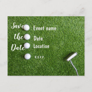 Invitación Golf Save the Date con pelotas de golf sobre céspe