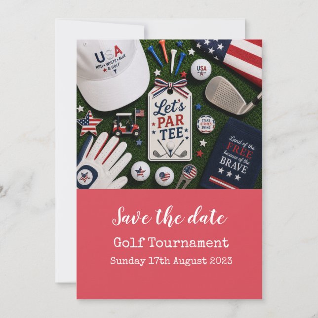 Invitación Golf Save the Date con tema americano (Anverso)