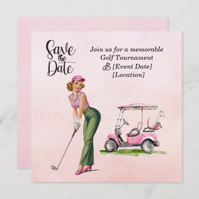 Invitación Golf Save the Date fiesta para una mujer fiesta go (Anverso / Reverso)