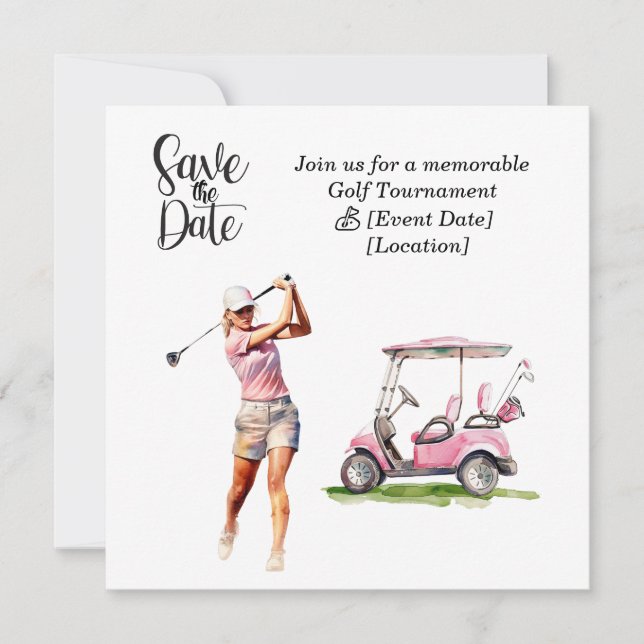 Invitación Golf Save the Date fiesta para una mujer fiesta go (Anverso)