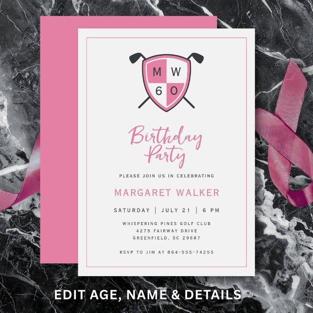 Invitación Golf Stylish 60th Adult Birthday Party Modern Pink (Clean layout keeps party details stylish and easy to read.)