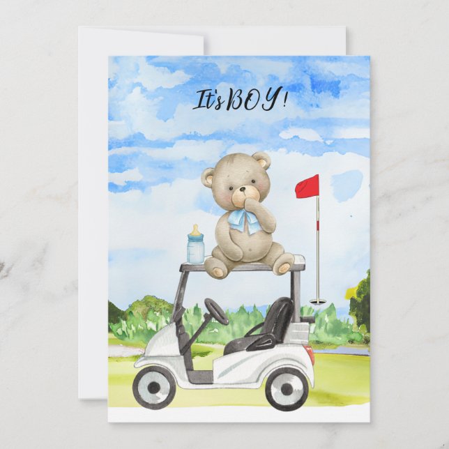 Invitación Golf Teddy Bear es un chico para Baby Shower (Anverso)