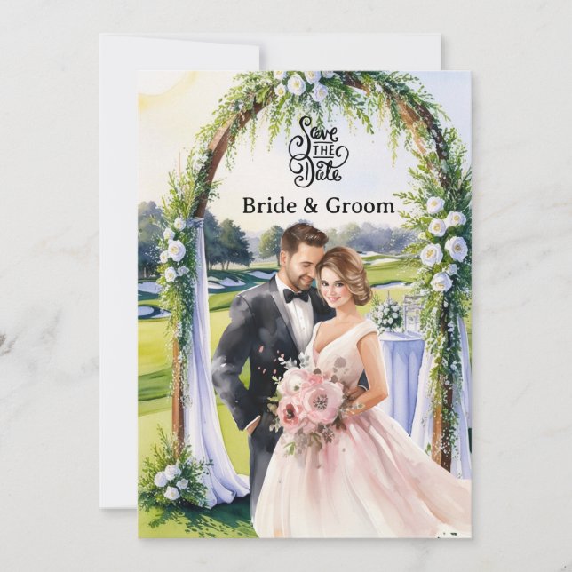 Invitación Golf Wedding Invitation card with bride and groom (Anverso)