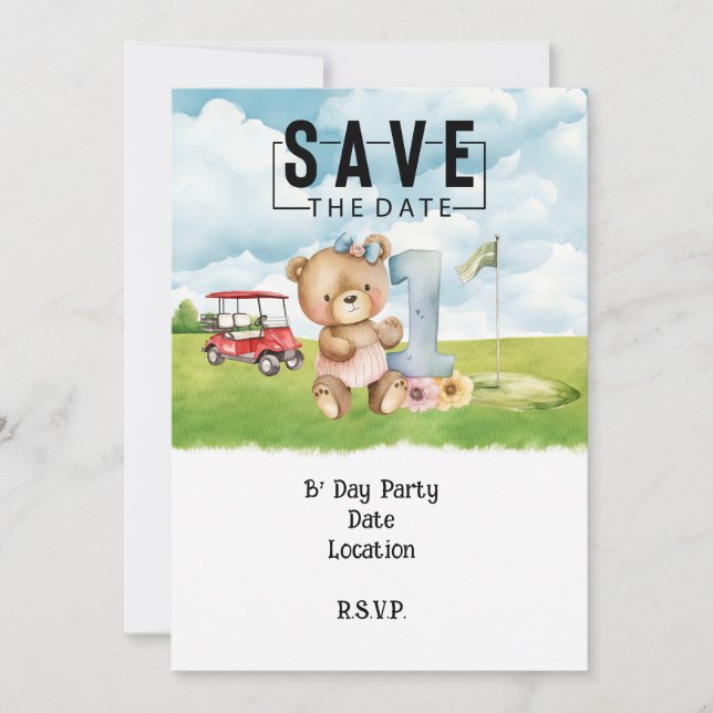 Invitación Golfer 1ª acuarela de cumpleaños un año (Anverso)