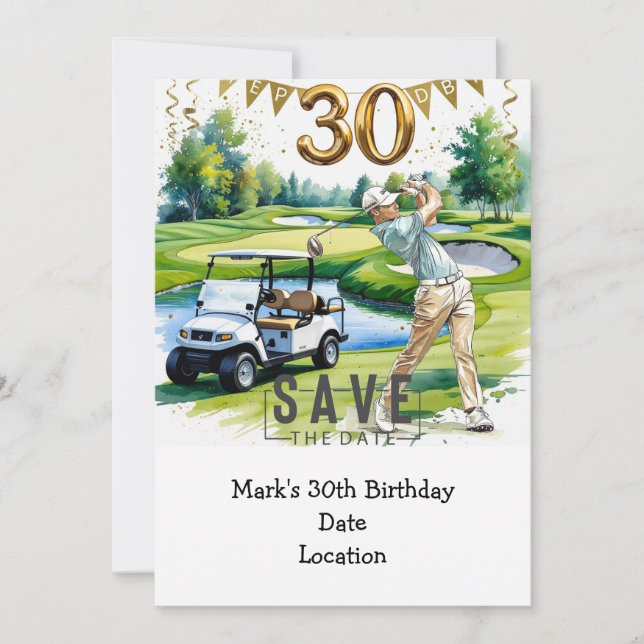 Invitación Golfer 30 cumpleaños con carrito de golf Save the  (Anverso)