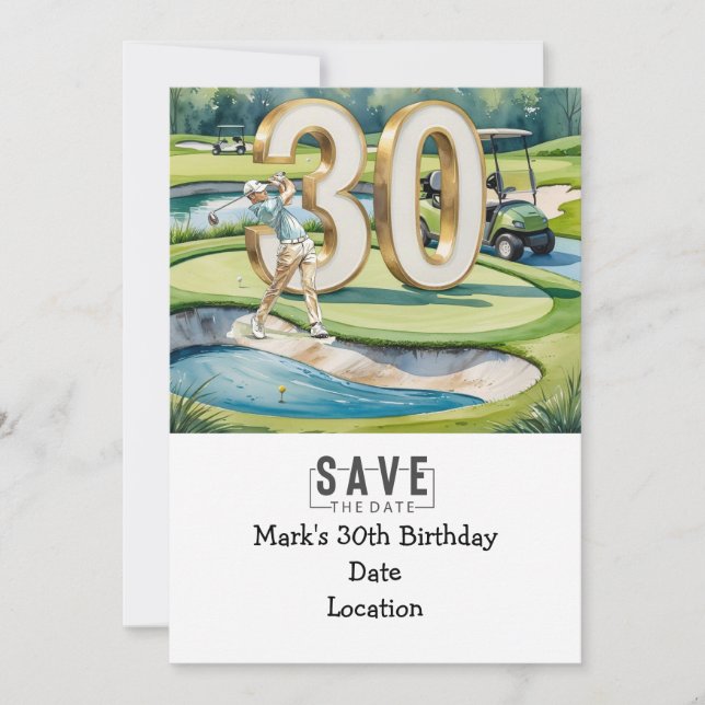 Invitación Golfer 30 cumpleaños con carrito de golf Save the  (Anverso)