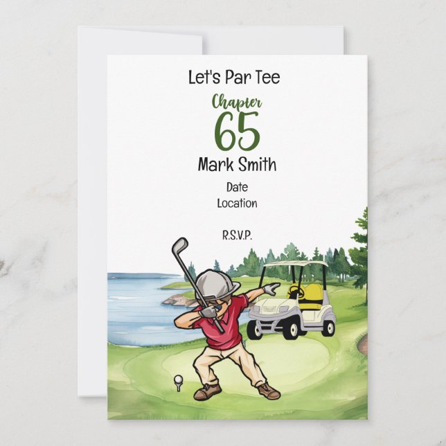 Invitación Golfer 65th Birthday Dabbing con carrito de golf (Anverso)
