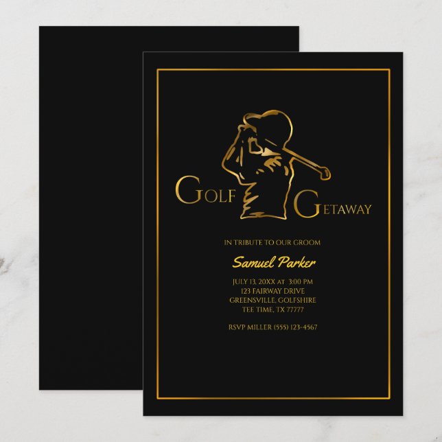 Invitación Golfer groom Golf Bachelor Party Luxury Faux Gold (Anverso / Reverso)