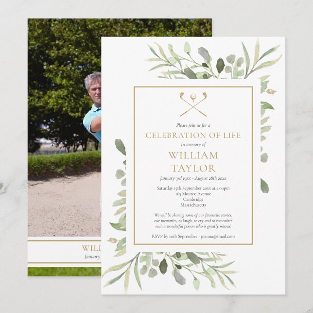 Invitación Golfer Photo Celebration of Life Funeral (Anverso / Reverso)
