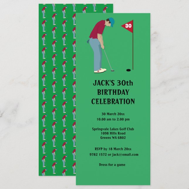 Invitación Golfista verde Poniendo la bola de golf tema (Anverso / Reverso)