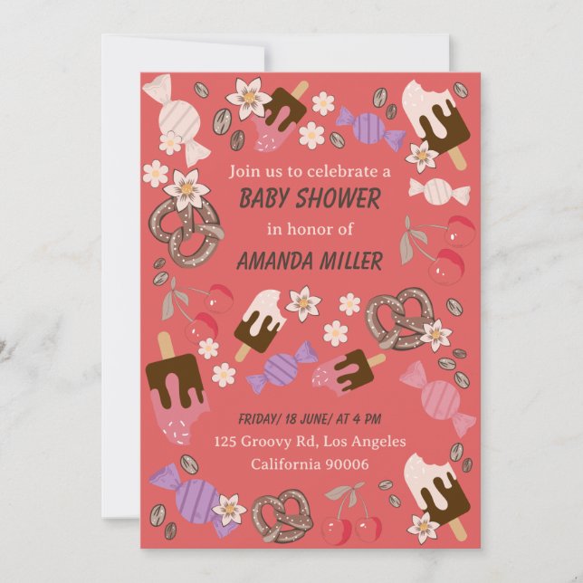 Invitación Golosinas dulces y saladas para baby shower con pa (Anverso)