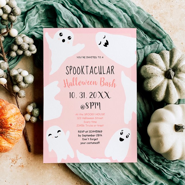 Invitación Golostas blancos y guerreros rosa pastel de Hallow (Cute white ghosts pastel pink Halloween bash Invitation)