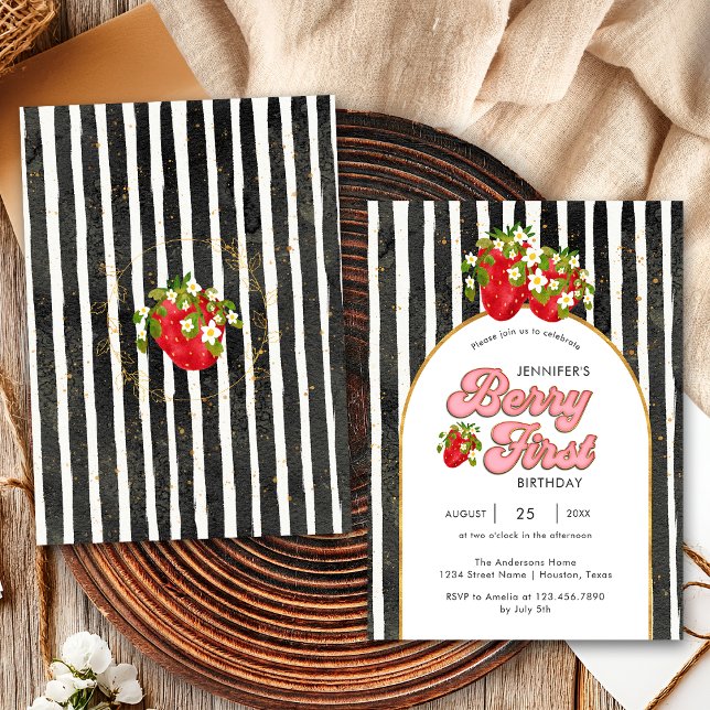 Invitación Golpe blanco negro de oro Primera fresa de cumplea (Subido por el creador)