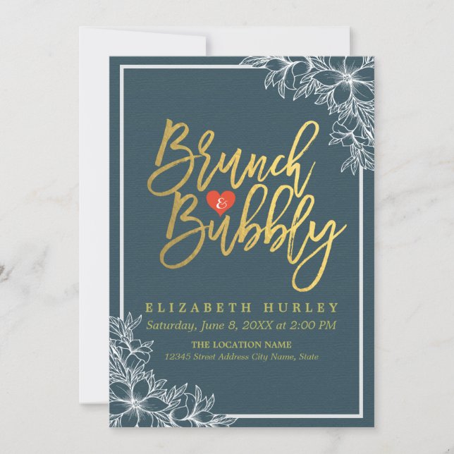 Invitación Golpe de oro Brunch floral Bubbly Bridal Shower (Anverso)