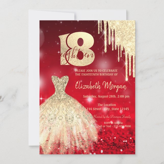 Invitación Golpes de oro vestidos con rojo Bokeh 18 cumpleaño (Anverso)
