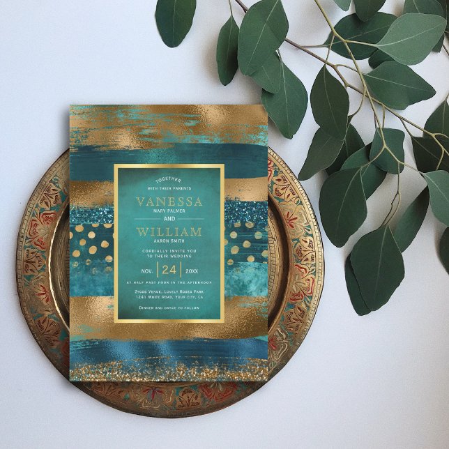 Invitación Golpes de oro y verde azulado y boda de confeti (Subido por el creador)