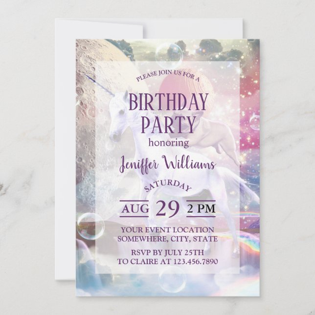 Invitación Goma arcoiris montando unicornio en el espacio. (Anverso)