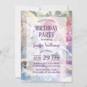 Invitación Goma arcoiris montando unicornio en el espacio.