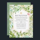 Invitación Goma de cristal geométrico Bat Mitzvah<br><div class="desc">El murciélago de verde mitzvah invita con marco geométrico dorado y color de agua verde salado a la inversa diseñado para ser rápida y fácilmente adaptado a las especificaciones de tu evento.</div>