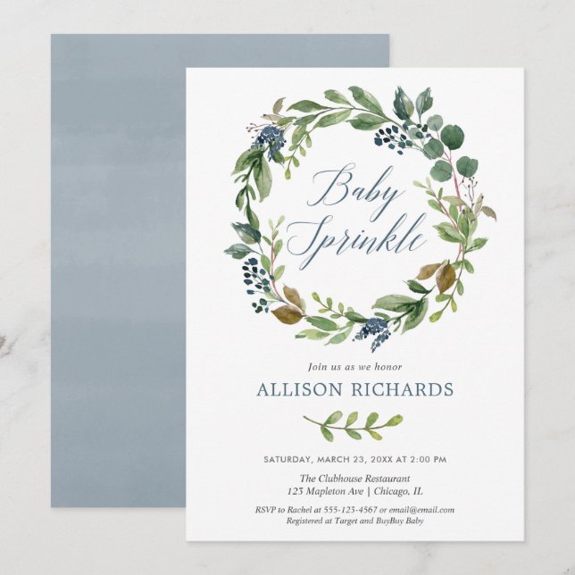 Invitación Goma neutra de género polvoriento bebé rociado azu (Anverso / Reverso)