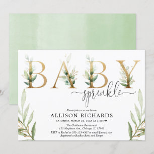 Invitación Goma verde neutra de género dorado bebé rociar